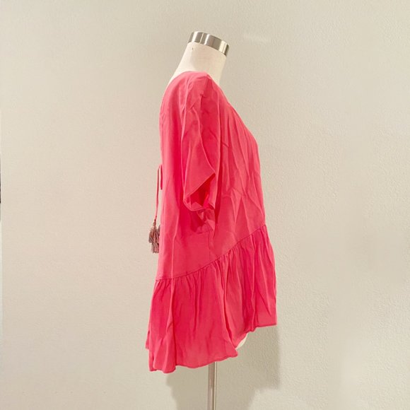 Zara Tassel Tie Back Asymmetric Tunic Short Sleeve Blouse Top Coral size M - Picture 1 of 4